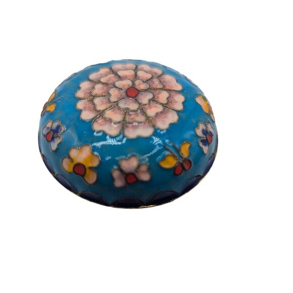 Hand-Painted Floral Cloisonné Trinket Box - Blue & Pink Enamel - 2.5" Diameter - Picture 8 of 10